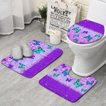 Purple Butterfly Leopard Pattern Bathroom Rugs Sets 3 Piece,Toilet Cover Set,Absorbent Non Slip Bathroom Mats Sets with U-Shaped Contour Rug Toilet Rug Set