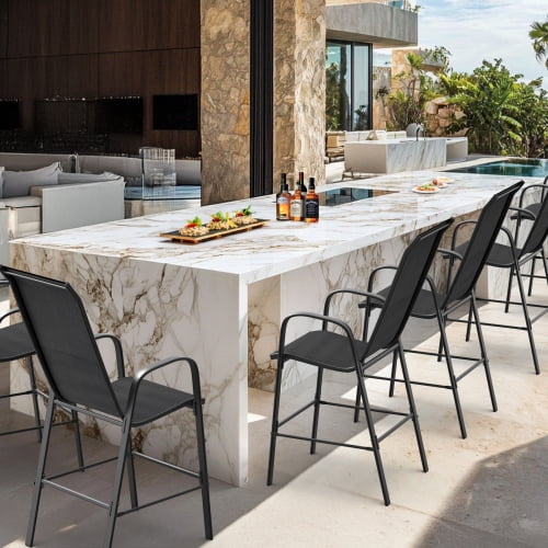Ktaxon 4Pcs High Patio Outdoor Dining Chairs, Textilene Stackable Armrest Chairs Space Saving for Backyard Porch Garden - Black