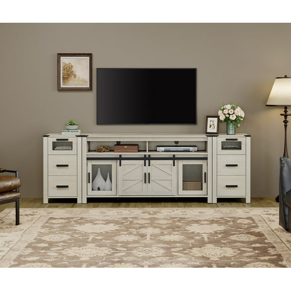 WAMPAT 2 in 1 Drawer TV Stand set for ups to 85 inch TV,Entertainment Center with Sliding Barn Door,Media TV Console Table with Adjustable Shelf for Living Room Bedroom,Antique White