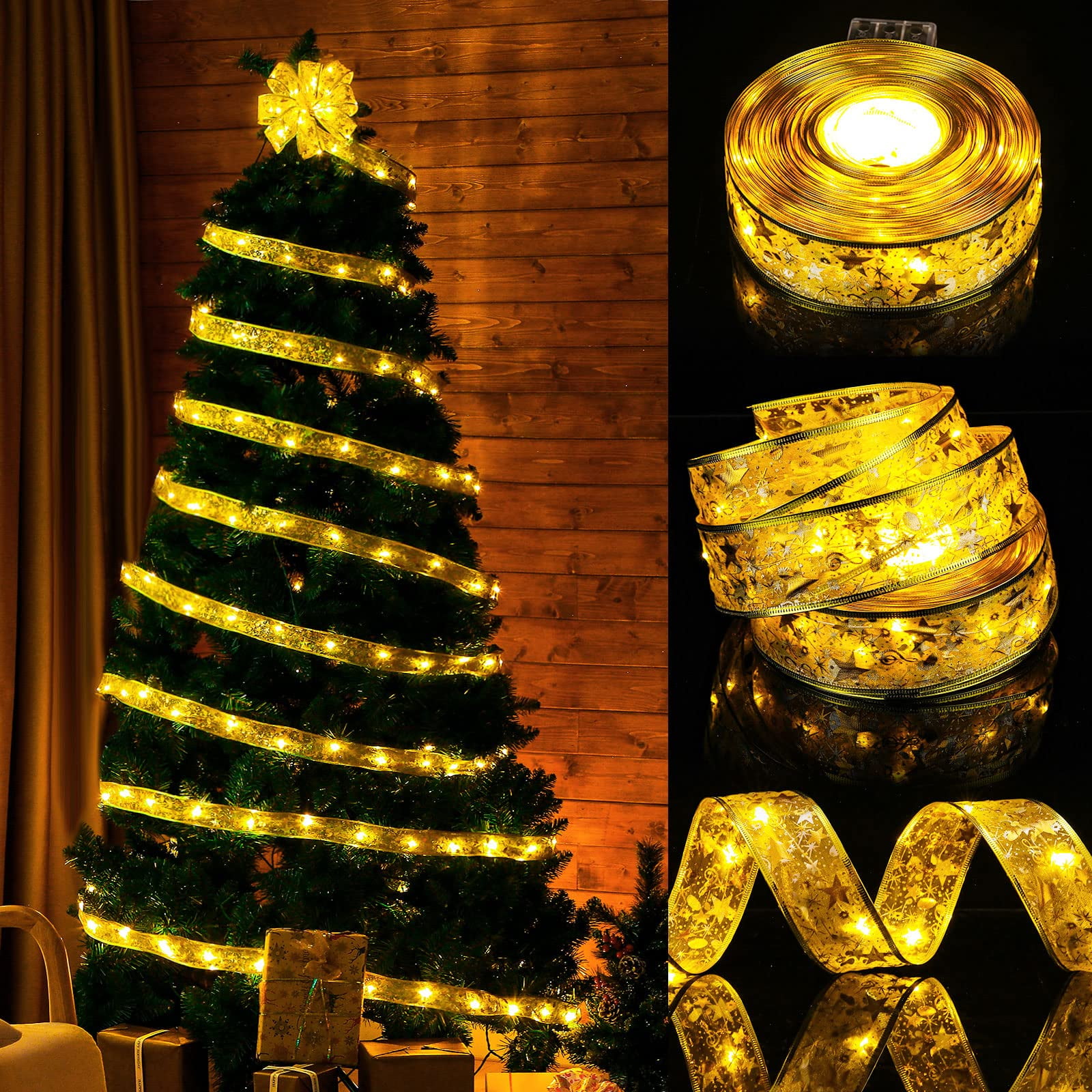 Christmas Ribbon Lights 65ft LED Ribbon Battery Powered Christmas Tree Ribbon Waterproof Fairy 