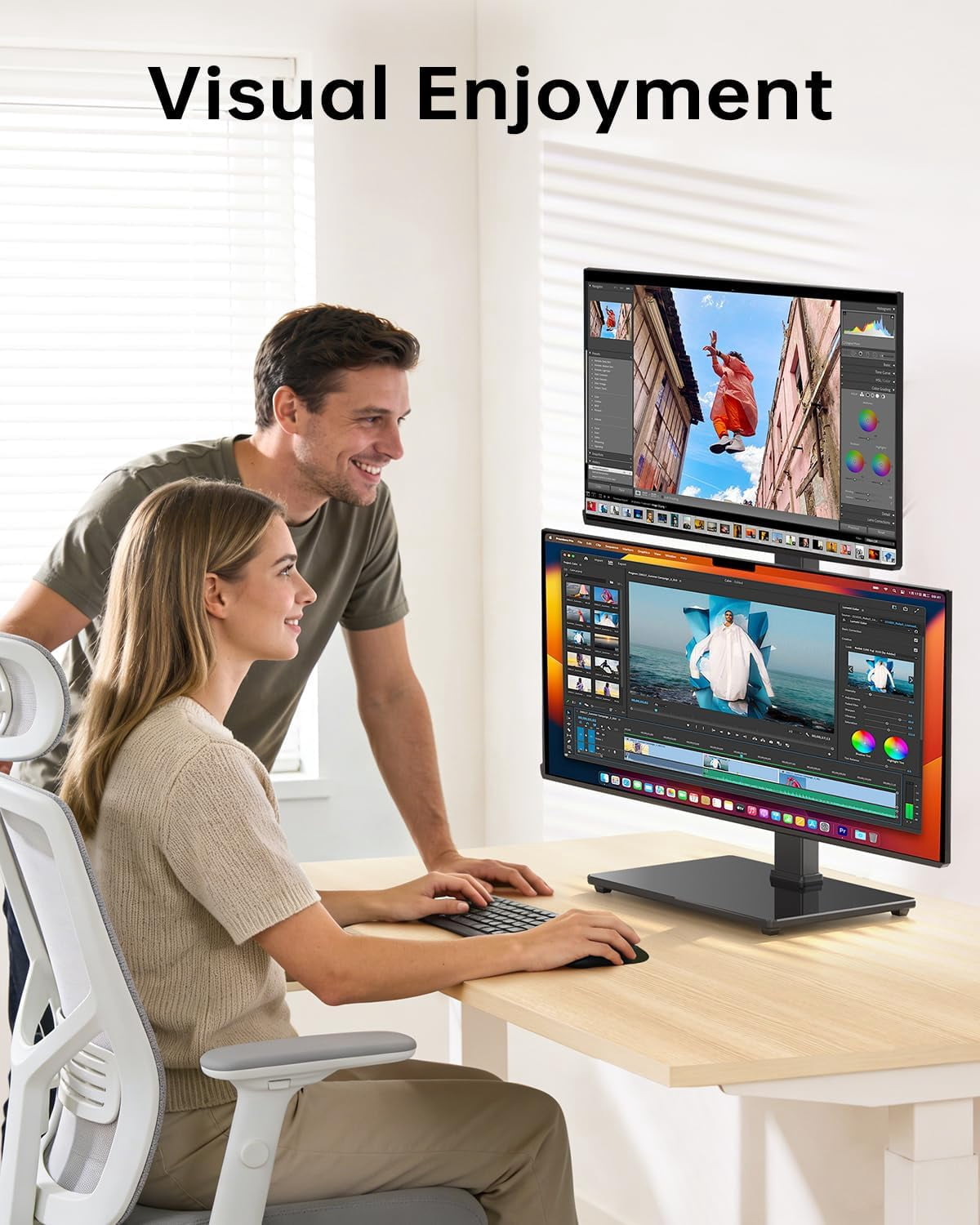 Dual Monitor Stand FreeStanding Desk Riser for 13-32 inch Screens with Swivel Tilt Rotation 4 Height Options Holds  to 77lbs VESA 75x75/100x100mm