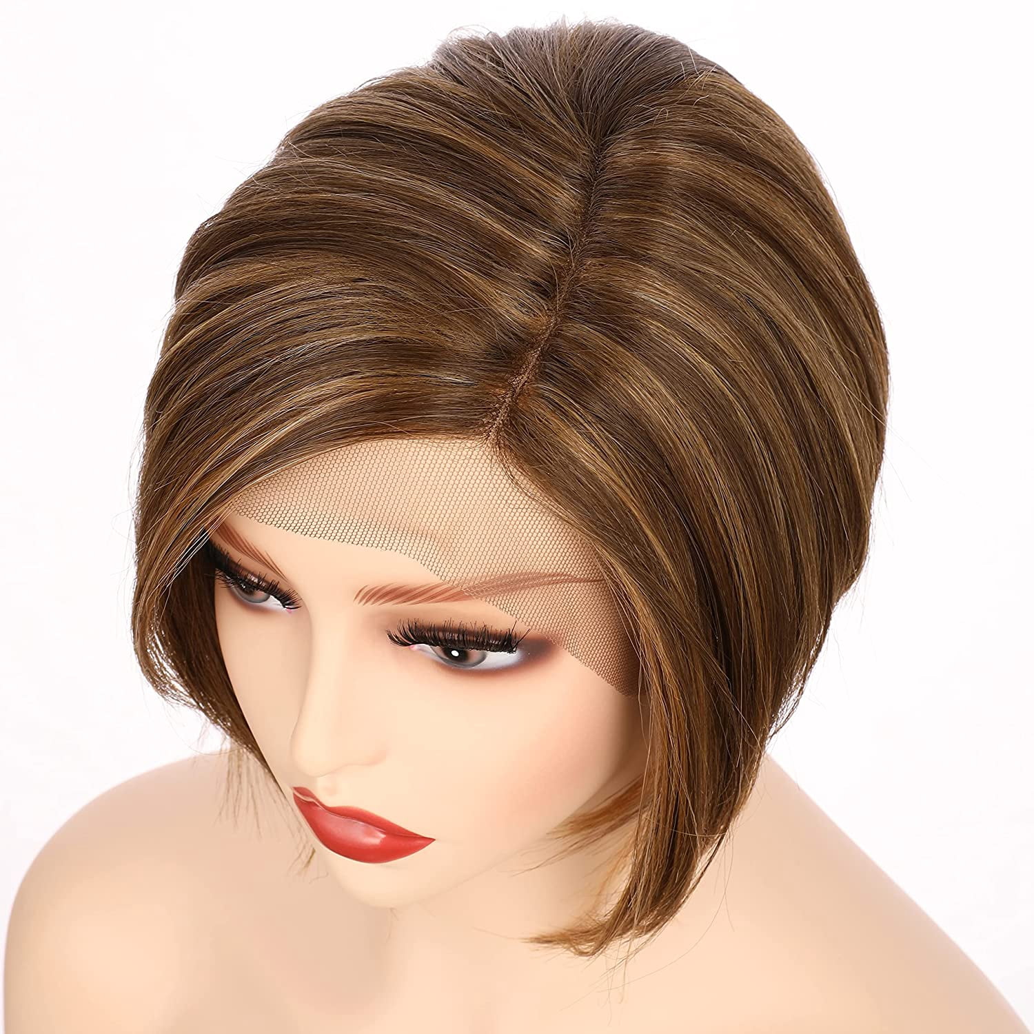 OneDor 8 Inch Angled Layers Lace Front Wig Relaxed Straight Bob Wig (Light Brown Evenly Blended with Dark Natural Blonde-RL12/16) …