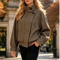 thumbnail image 2 of Women's Fall Winter Plaid Wool Blend Bomber Jacket Coat Stand Collar Cropped Outerwear Vintage Button Down Barn Jackets (Brown M), 2 of 7