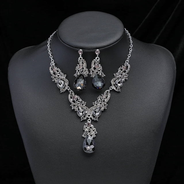 Nvzi Conjuntos de joyas de novia con diamantes de imitación, collar de cristal, pendientes, conjuntos de joyas para bodas,fiesta de noche, conjunto de joyas de graduación, gris