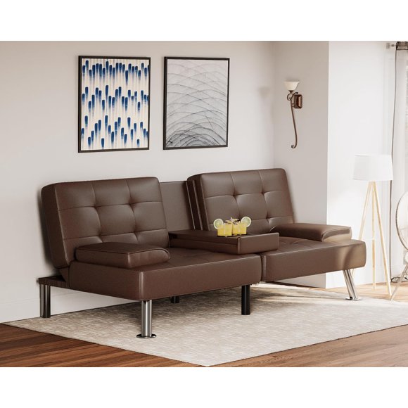 Homall Futon Sofa Bed Faux Leather Couch Modern Convertible Folding Recliner with 2 Cup Holders,Brown