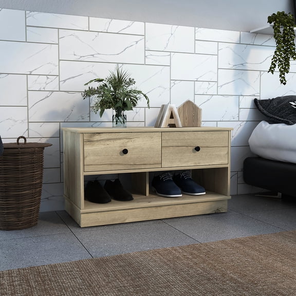 Light oak bench with two open shelves for essentials and two drawers for interior storage
