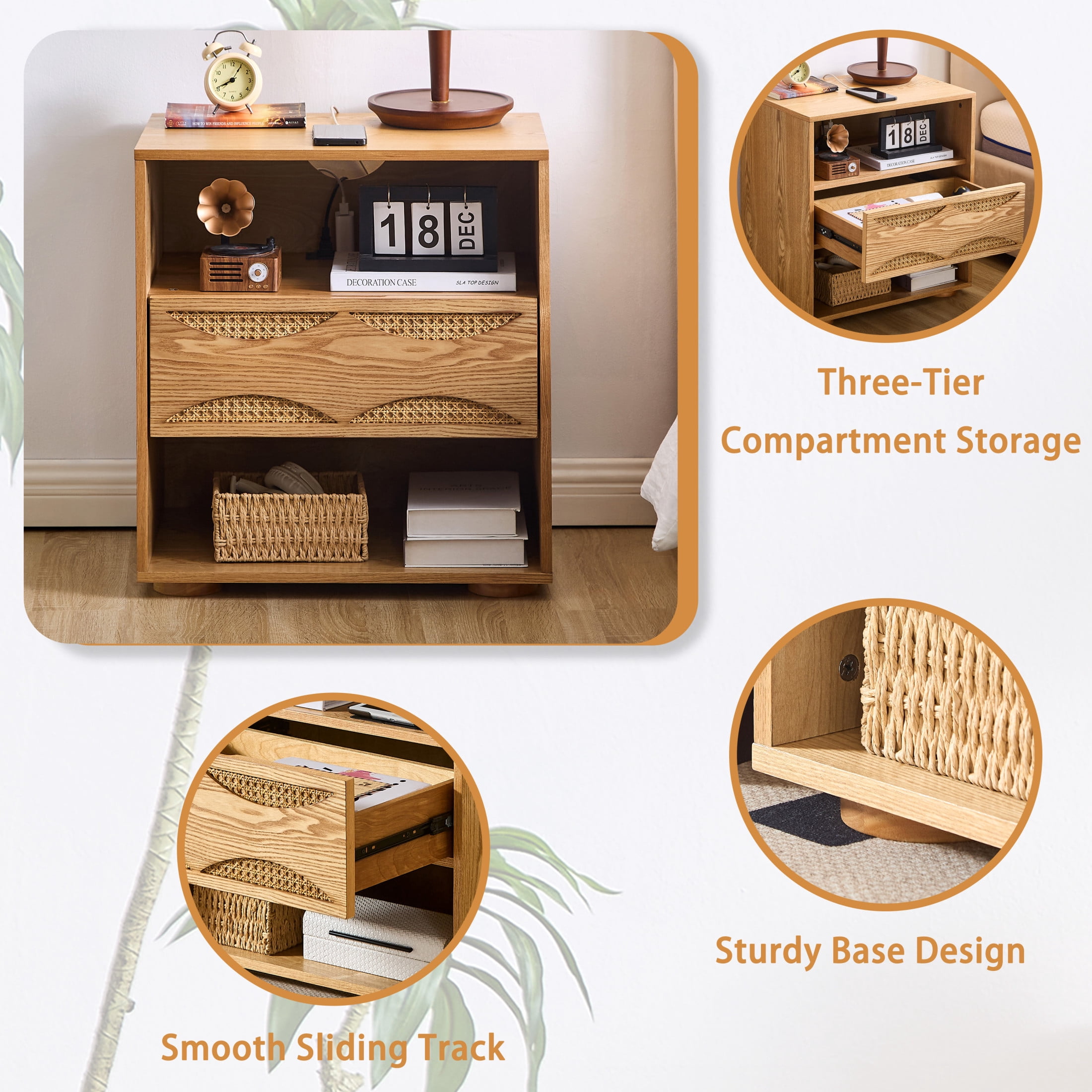 GDF Studio 23.2" Mid Century Modern Rattan Nightstand with Charging Station, Drawer & 2 Open Shelves, Natural