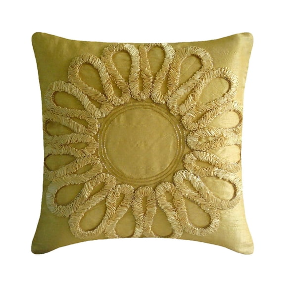 Cushion Cover Custom, Decorative Gold Toss Pillow Covers 16x16 inch (40x40 cm), Silk Throw Pillows For Couch, Nature & Floral, Ribbon Embroidery, Contemporary Pillow - We All Blossom
