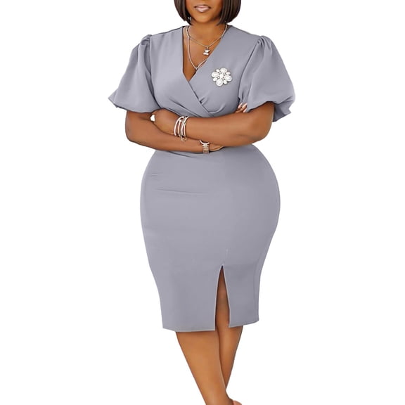 AURA Womens V Neck Pencil Midi Dress Lantern Short Sleeve High Waist Slit Elegant Work Office Summer Dress with Brooch