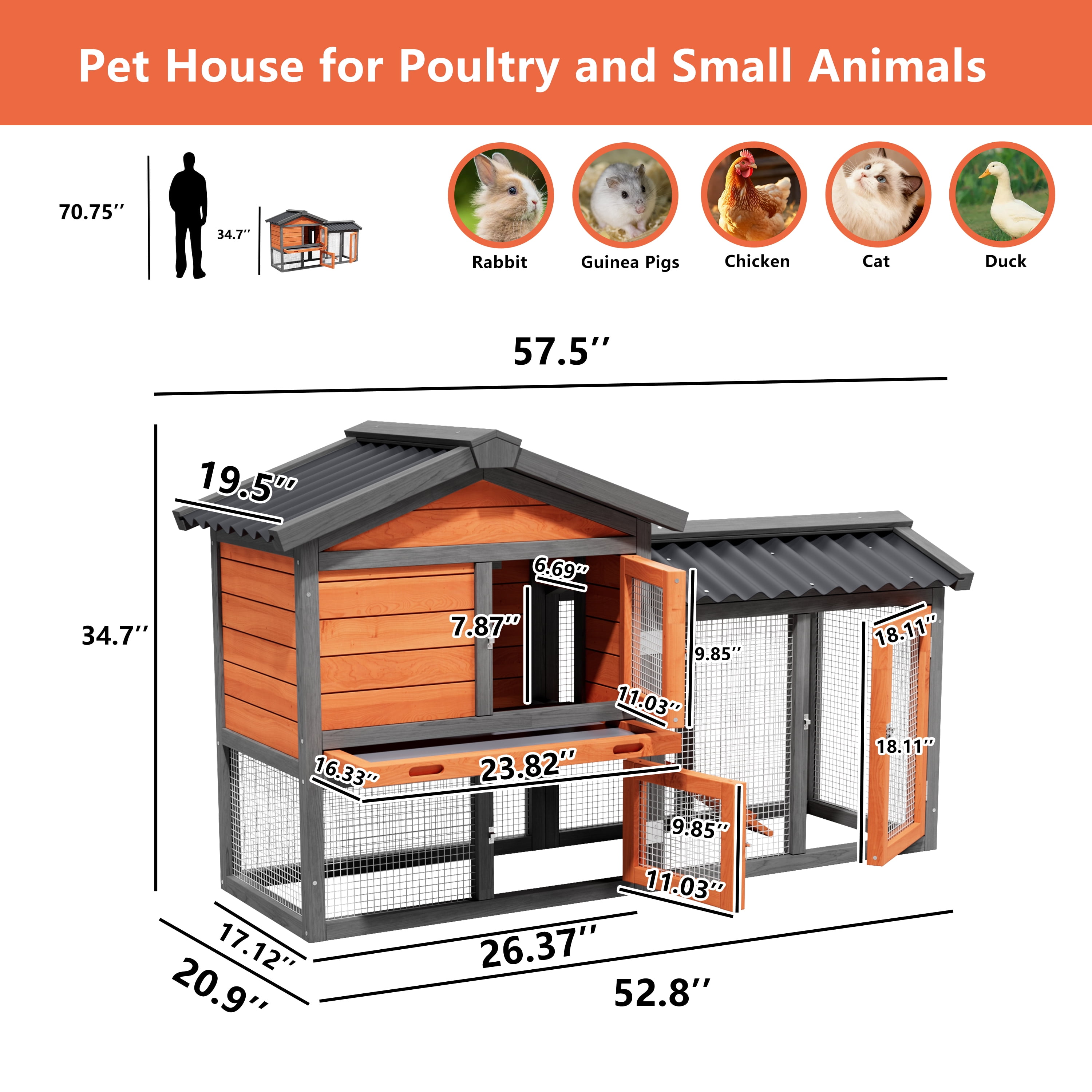 Outdoor 2 Story Quail Cage for 6 Quail with Weatherproof Brooder Box, Indoor Hutch for Guinea pig with Tray, Orange