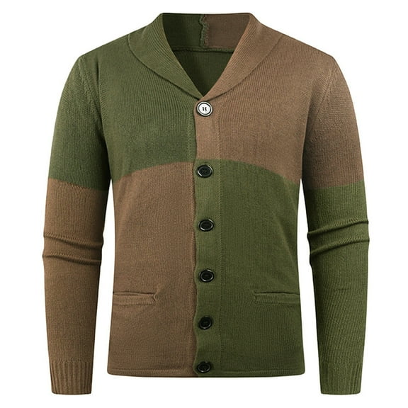 ZCFZJW Men's Color Block Knitwear Button Down Shawl Collar Cardigan Sweater with Pockets Lightweight Casual Fall Winter V Neck Cable Knit Pullover Sweater Tops Army Green XXL