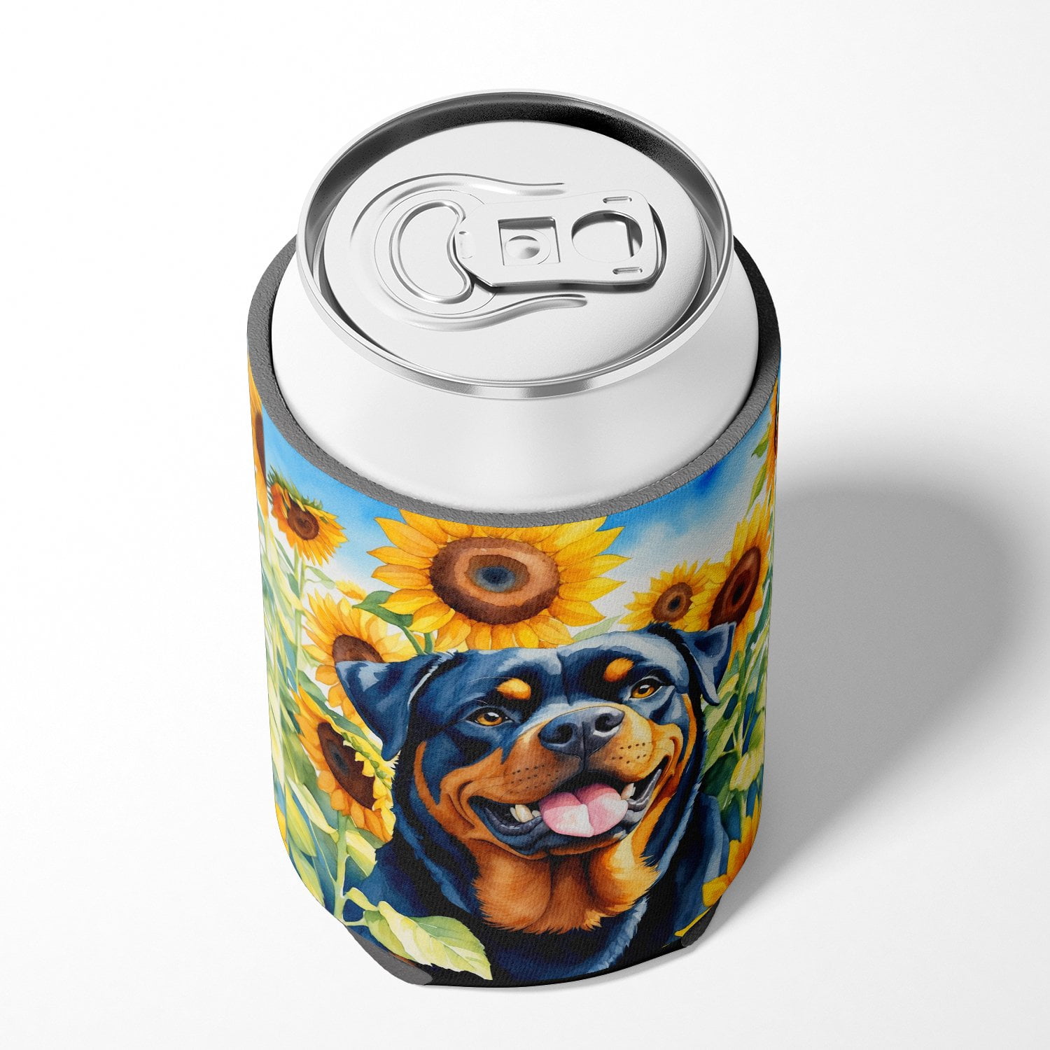 Rottweiler in Sunflowers Can or Bottle Hugger 3 in x 5 in
