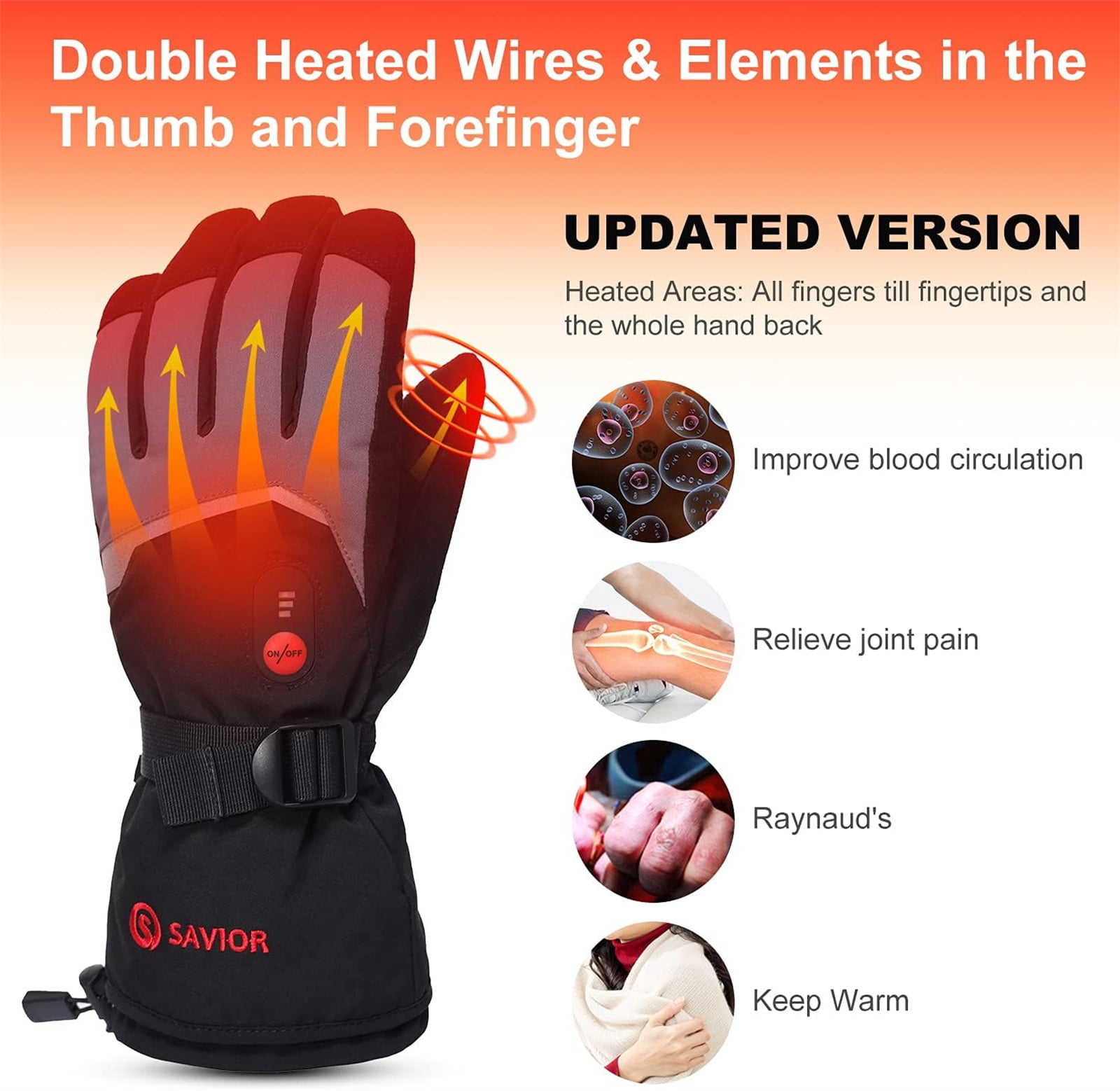 SAVIOR HEAT Heated Gloves for Men Women, Rechargeable 2200mAh Battery Powered Ski Gloves, Waterproof Touchscreen Electric Heated Winter Hand Warmer Gloves for Cycling Skiing Motorcycling Hunting