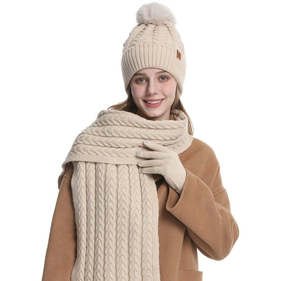 Women's Scarf Hat And Gloves Set Women'S Winter Solid Color Warm Cycling Ear Knitted Hat Scarf Glove 3 Piece Set, Women's Accessories Scarf ,Hat,& Gloves