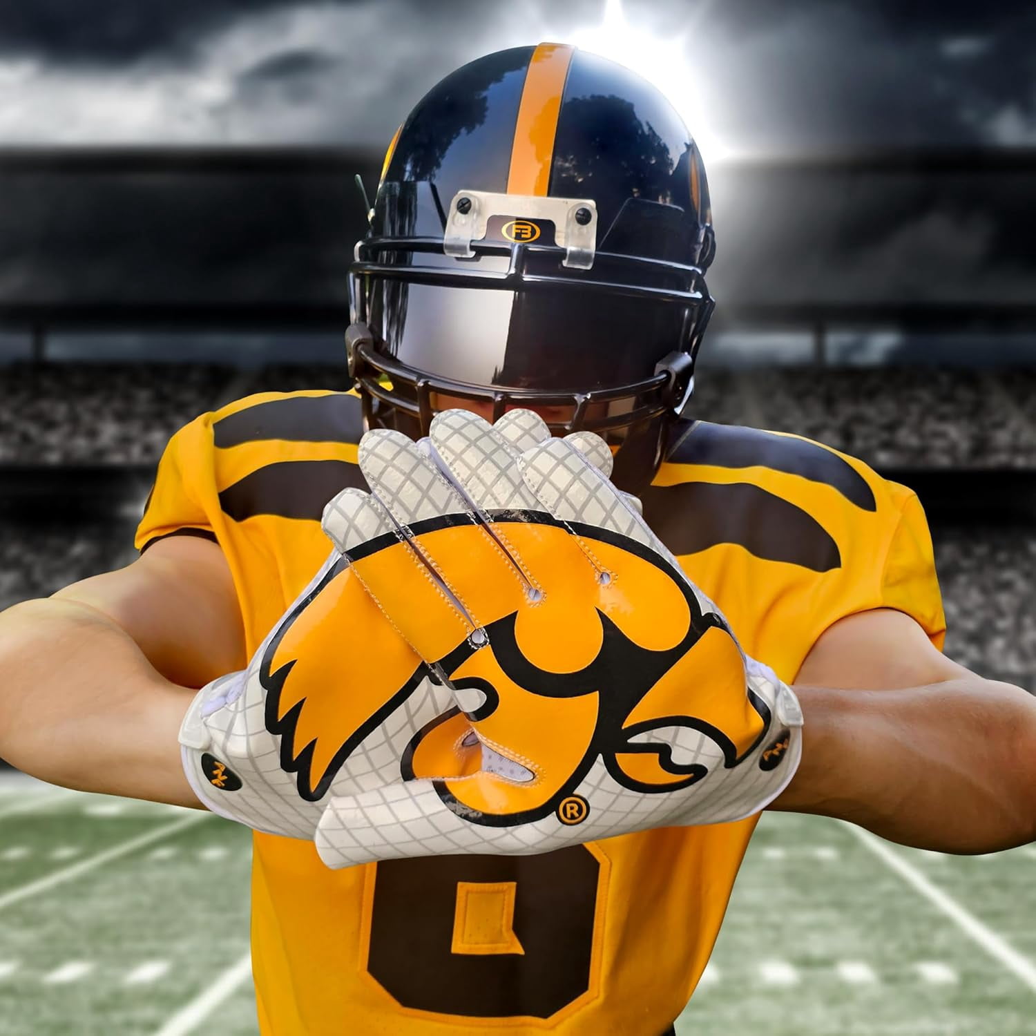 Scale Wear Design University of Iowa Hawkeyes Football Gloves with Super Stick-Tach Silicone Grip Palms. Men's & Youth Boys Sticky Football Receiver Gloves (White, Youth-L)