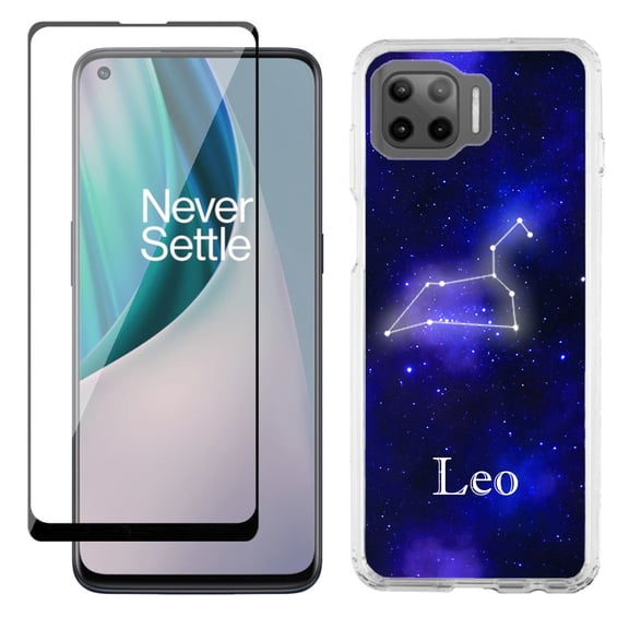 Slim-Fit Protective Phone Case compatible with Motorola Moto One 5G UW, with Tempered Glass Screen Protector, by OneToughShield ® - Zodiac / Leo