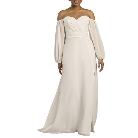 David’s Bridal, The Edit by DB Studio Women's Off-the-Shoulder Billow Sleeve Wedding Dress, Full Length, Chiffon