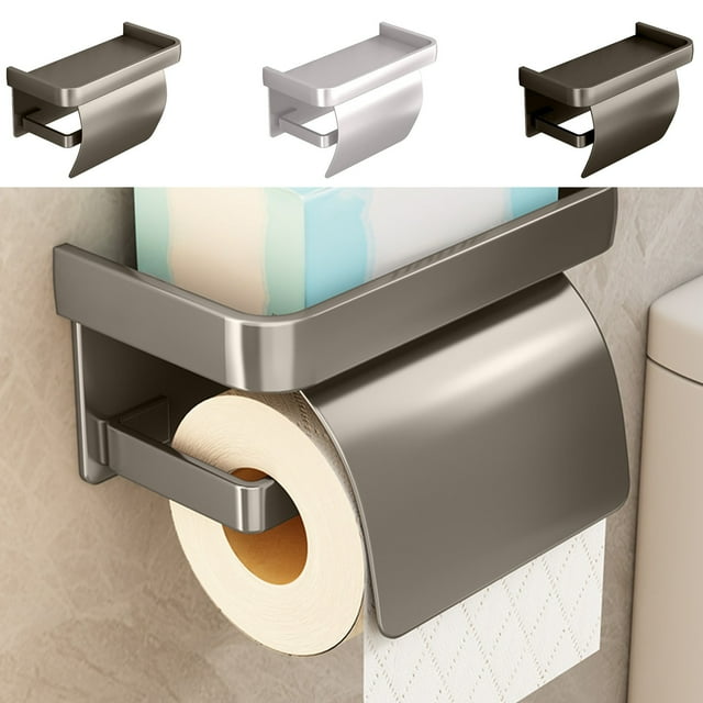 Soporte y caja de almacenamiento para papel higiénico montados en la pared - Dispensador de jabón de acero inoxidable con montaje adhesivo, 7x4x3 pulgadas