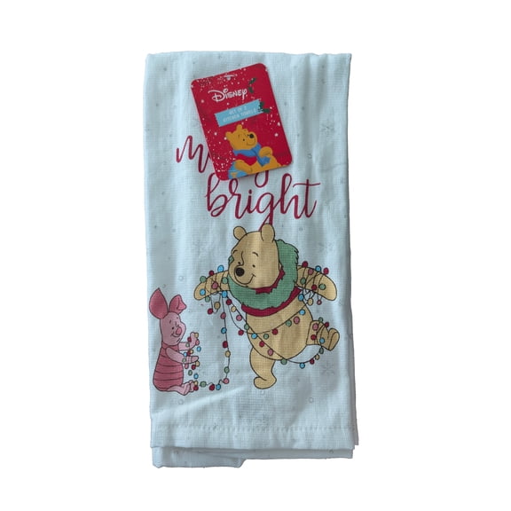 Winnie the Pooh 2 Pack Kitchen Towels 100% Cotton Christmas Lights Merry and Bright