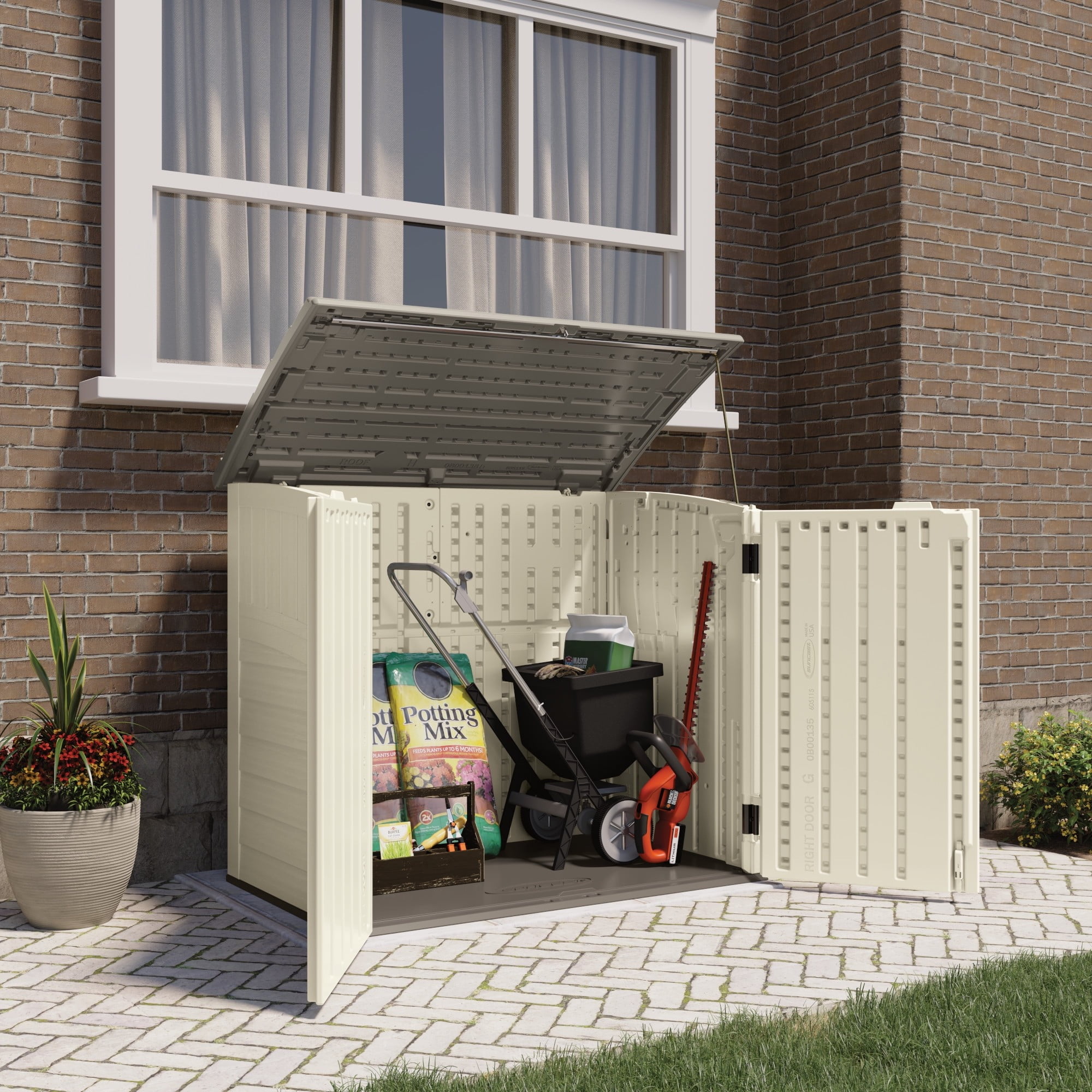 Suncast 34 Cubic ft. Horizontal Outdoor Resin Storage Shed, Vanilla,53 in D x 45.5 in H x 32.25 in W