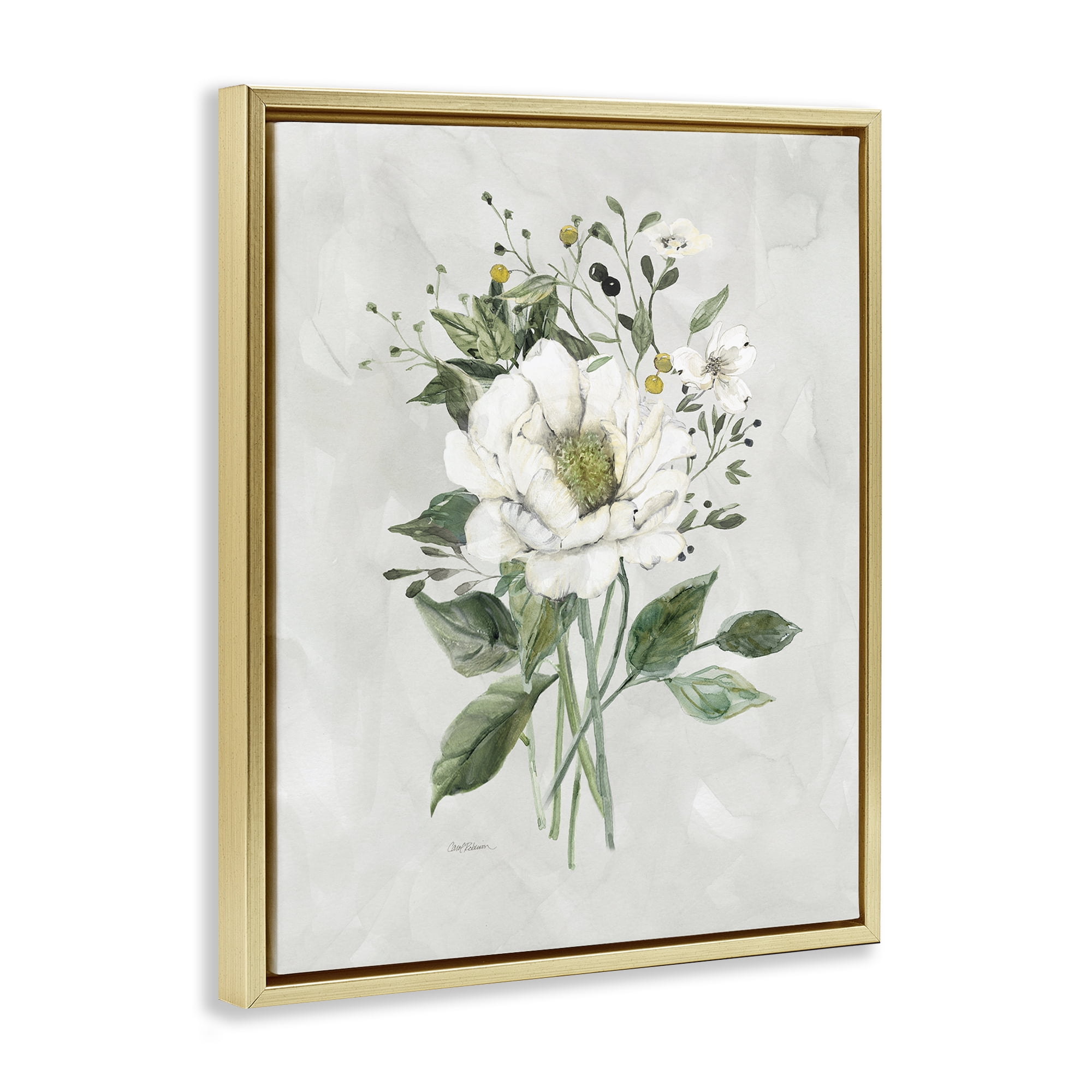 Stupell Industries White Flower Bundle Plants & Flowers Painting Gold Floater Framed Canvas Art Print Wall Art, 25 x 31