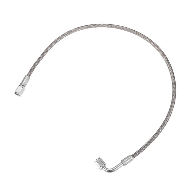 Línea de alimentación de aceite turbo de acero trenzado AN3 de 90 grados a extremo recto de la manguera, línea de retorno de drenaje de aceite del turbocompresor remoto de 22 pulgadas, universal para automóvil, acero inoxidable duradero PTFE, tono plateado Unique Bargains Líneas de suministro de aceite de inyección de combustible.