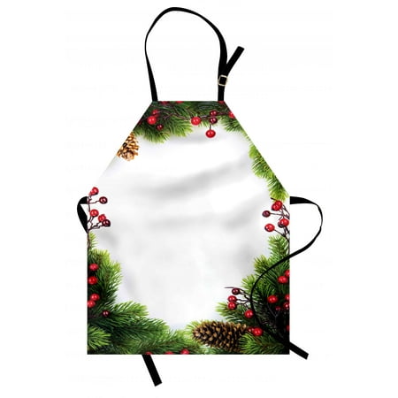 Gibson Christmas Dishes Holly Berry Christmas Apron Xmas Frame with Holly Berry Pine Cone Natural Wreath Traditional Composition, Unisex Kitchen Bib Apron with Adjustable Neck for Cooking Baking Gardening, Green Brown Red, by Ambesonne ()