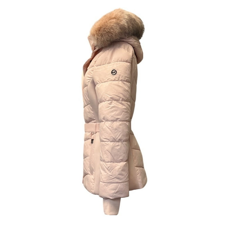 Michael Michael Kors Women s Faux Fur Hooded Puffer Scuba Belted Coat Jacket Blush S Walmart
