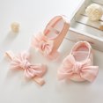 thumbnail image 4 of Newborn Baby Girl Princess Mary Jane Shoes Infant Bowknot Wedding Dress Flat Shoes with Headband Baby Girl's Baptism Christening Shoes Set, 4 of 9