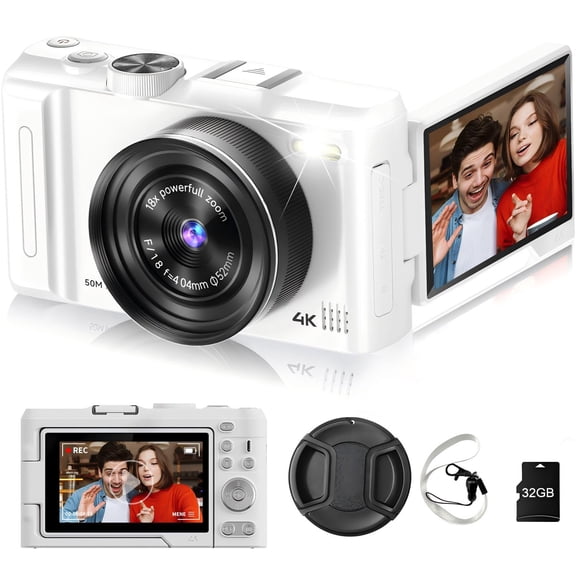 Digital Camera 4K for Photography, 50MP Vlogging Camera for YouTube Video with Flash and 3" 180° Flip Screen, 18X Digital Zoom Compact Travel Camera with 32GB TF Card for Teens Beginner, White