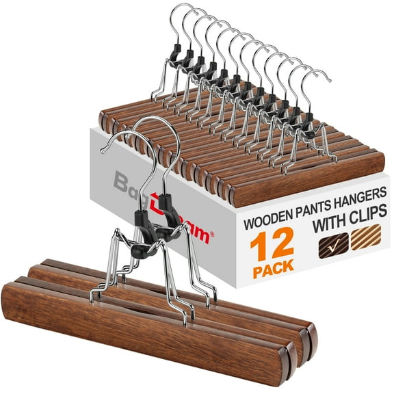 BagDream 12 Pack Wooden Pants Hangers with Clips, Smooth Finish Solid Wood Non Slip Skirt Hangers Jeans Slack Clamp Hanger, Walnut