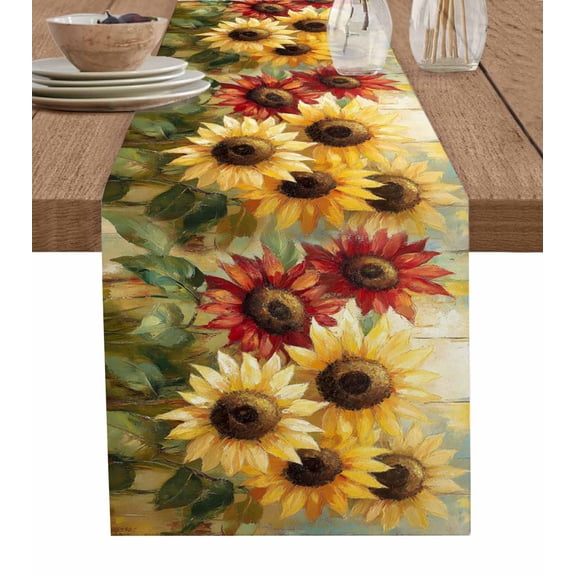 Summer Sunflowers Table Runner 70 Inches, Red Yellow Floral Leaf Wood Grain Bed Runner Dresser Scarves Tabletop for Indoor Outdoor Parties/Ceremony/Banquet, 13" x 70"
