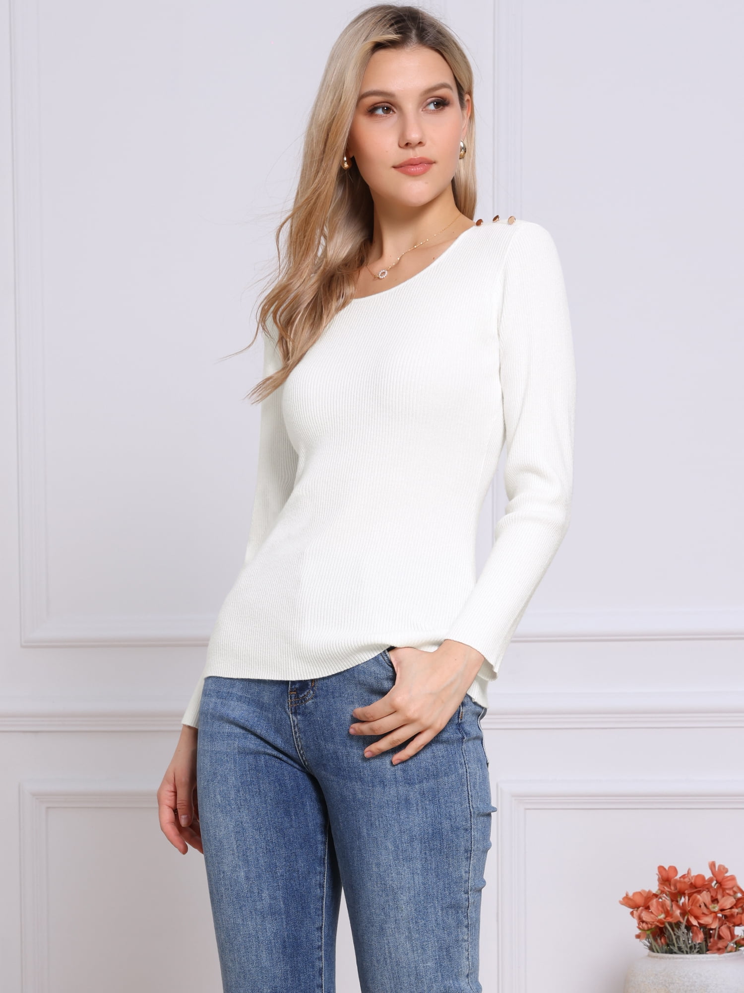 DARING DIVA Women's Long Sleeve Crewneck Fitted Pullover Sweaters M White