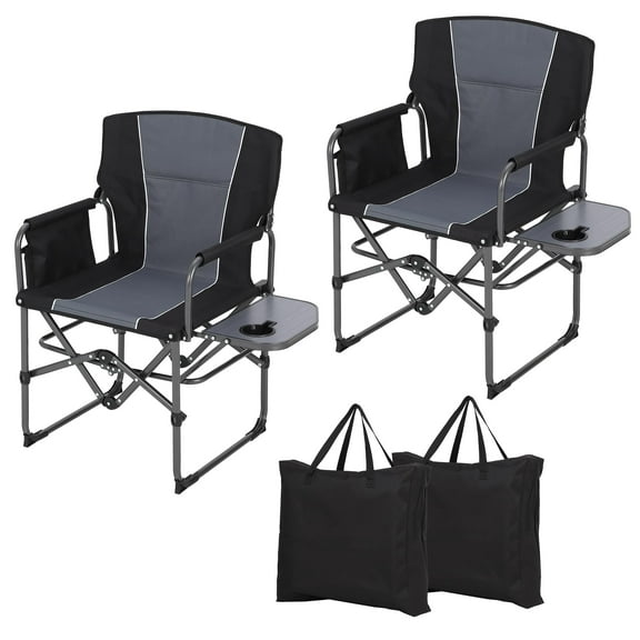 Emorefun Oversized Outdoor Chair for Adults, Heavy Duty Director Chair with Side Table and Pocket, Set of 2, Black/Gray