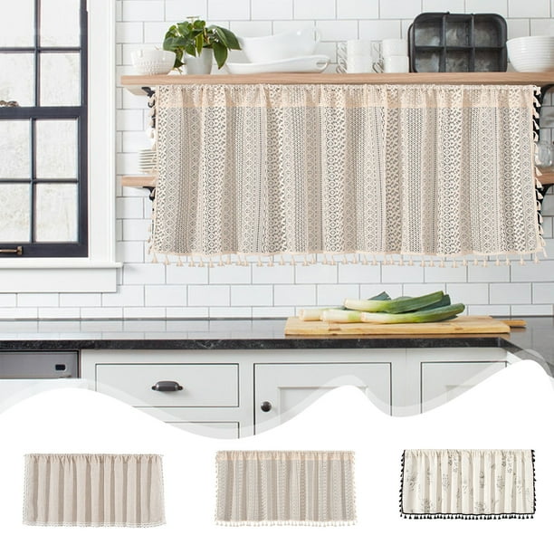 Cortinas de valanca para cocina | Panel de bolsillo corto de varilla para bloquear la luz | 60% algodón 40% lino beige | 59"x18" | Aislamiento térmico para ventanas pequeñas en sótanos de baño