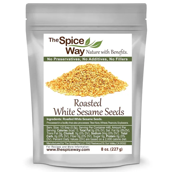 The Spice Way Roasted White Sesame Seeds - Middle Eastern and Asian cuisine – All Natural - Resealable Pouch - 8 Oz.