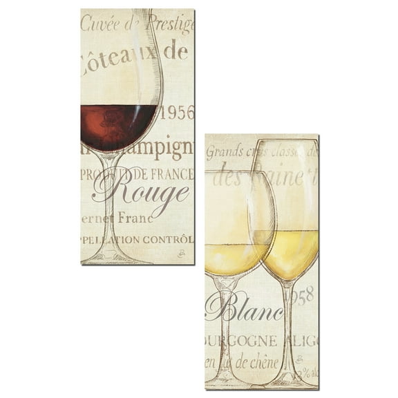 Modern Rouge and Blanc Wine Bottle Panels by Daphne Brissonnet; Two 8x18in Poster Prints
