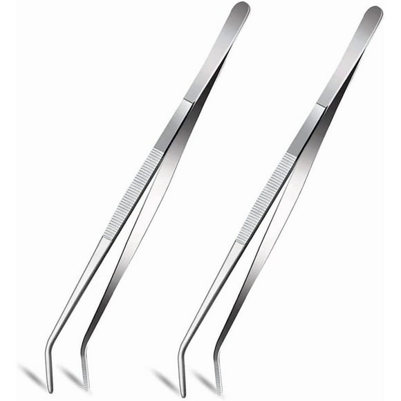 10 Inch Kitchen Tweezers, Stainless Steel Kitchen Tweezers with Curved Serrated Tips Comfortable Ridged Handle for Garden, Kitchen, Indoors and Outdoors (2PCS)