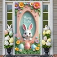 thumbnail image 3 of Cartoon Bunny Happy Easter Banner Colorful Easter Eggs Easter Egg Display Spring Flowers Pastel Pink Spring Backdrop for Easter Party Spring Celebration Kids Event, 3 of 9