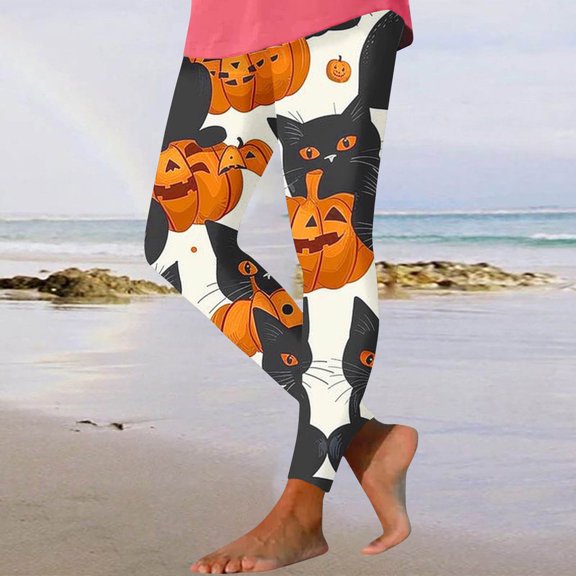VBTAPA Buttery Soft Leggings for Women 2024 Halloween Holiday Party Tights Novelty Black Cat Printed High Waist Stretch Yoga Running Pants Lightweight Ankle Length Legging Deals Multicolor#4 XL