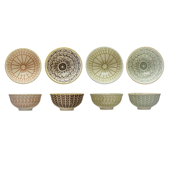 Creative Co-Op Stoneware Bowls with Painted Patterns, Set of 4 Styles, Multicolor