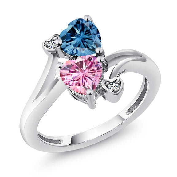 Gem Stone King 925 Sterling Silver Persian Blue Moissanite Pink Moissanite and White Diamond Ring for Women (1.63 Cttw, Heart Shape 6MM, Gemstone Birthstone, Size 9)