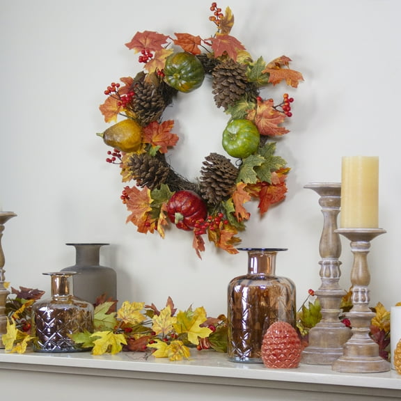 Northlight Maple Leaves, Pinecones and Pumpkins Small Artificial Fall Harvest Wreath - 20"