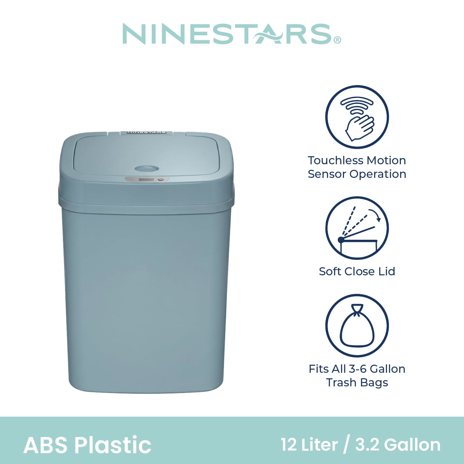 Nine Stars Motion Sensor Automatic Bathroom Trash Can, 3.2 Gallon Plastic, Motion Sensor Soft Close Lid Garbage Bin, Blue Cameo