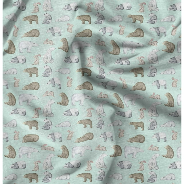 Soimoi Green Cotton Duck Fabric Bear & Rabbit Animal Print Sewing Fabric Yard 44 Inch Wide