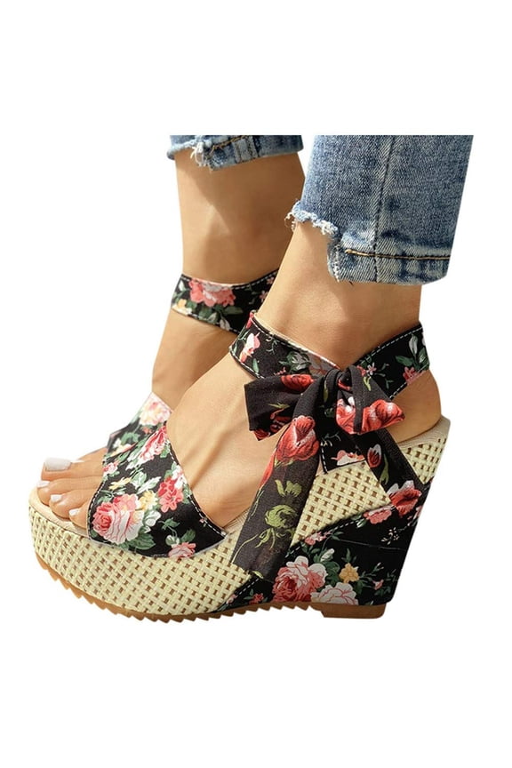 Wedge Sandals for Women Floral Bow Tie Espadrilles Platform Heel Sandal Open Cap Toe Platform Heeled Ankle Strap Shoes