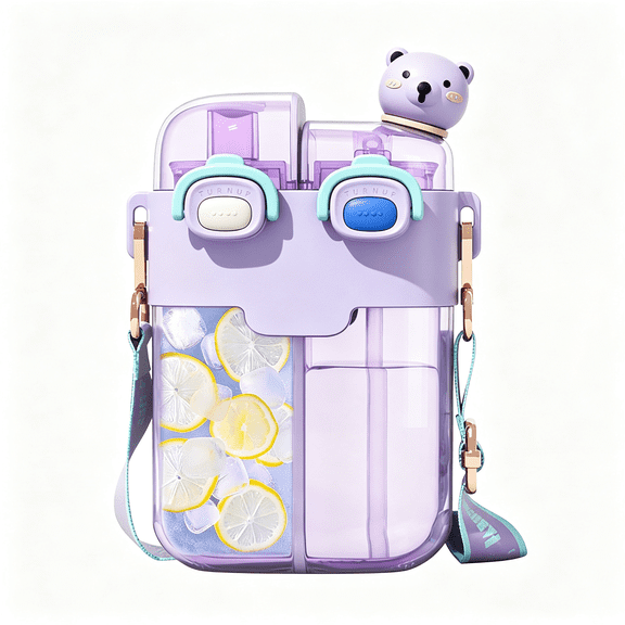 NORIZF Cute Water Bottle for Kids: 26Oz Kawaii Water Bottle for Girls,Funny Bear Water Bottles with Straw and Strap,Dual Compartments Leak-Proof Plastic Drinking Cup for School Sport Travel(Purple)