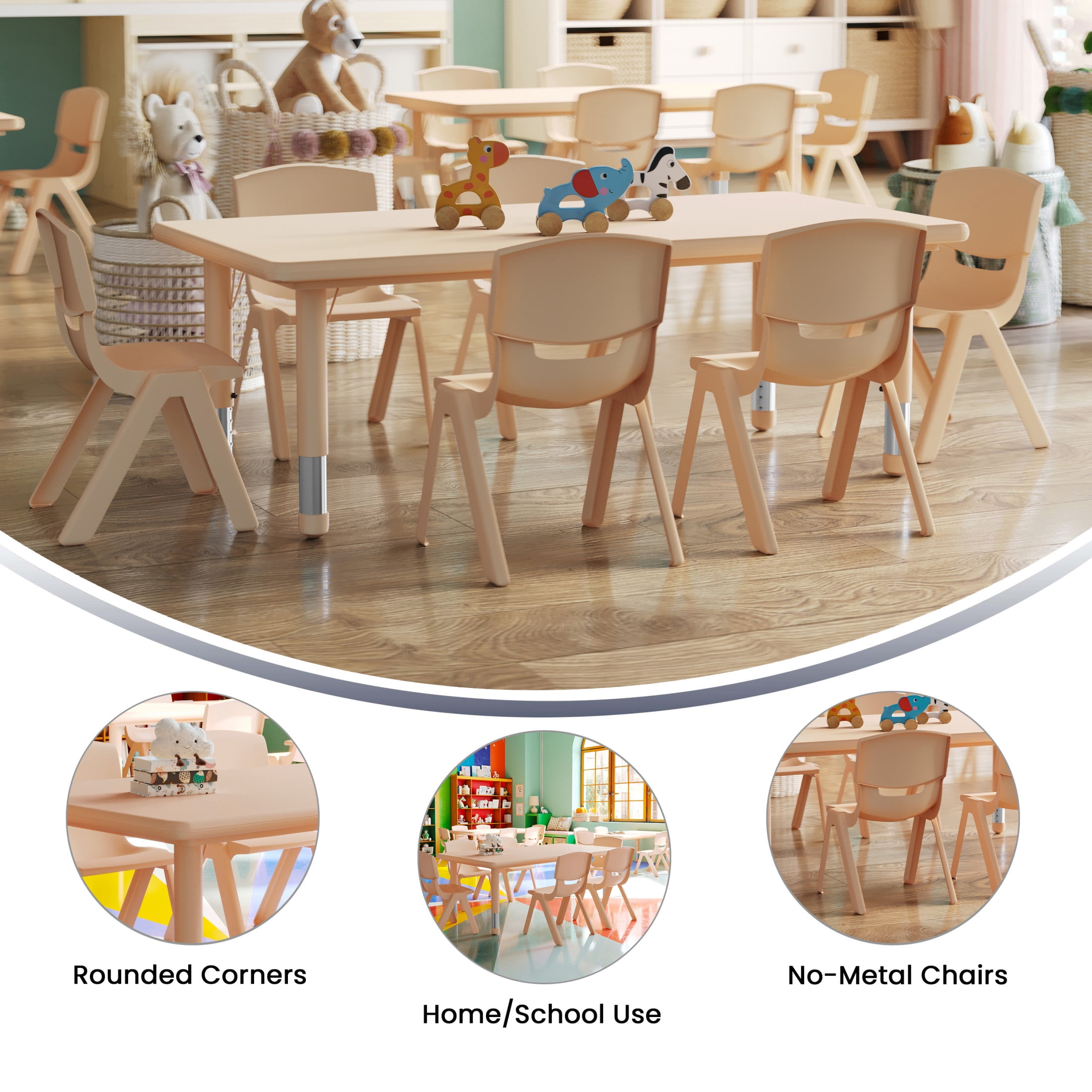 Flash Furniture Emmy 24"W x 48"L Rectangular Natural Plastic Height Adjustable Activity Table Set with 6 Chairs