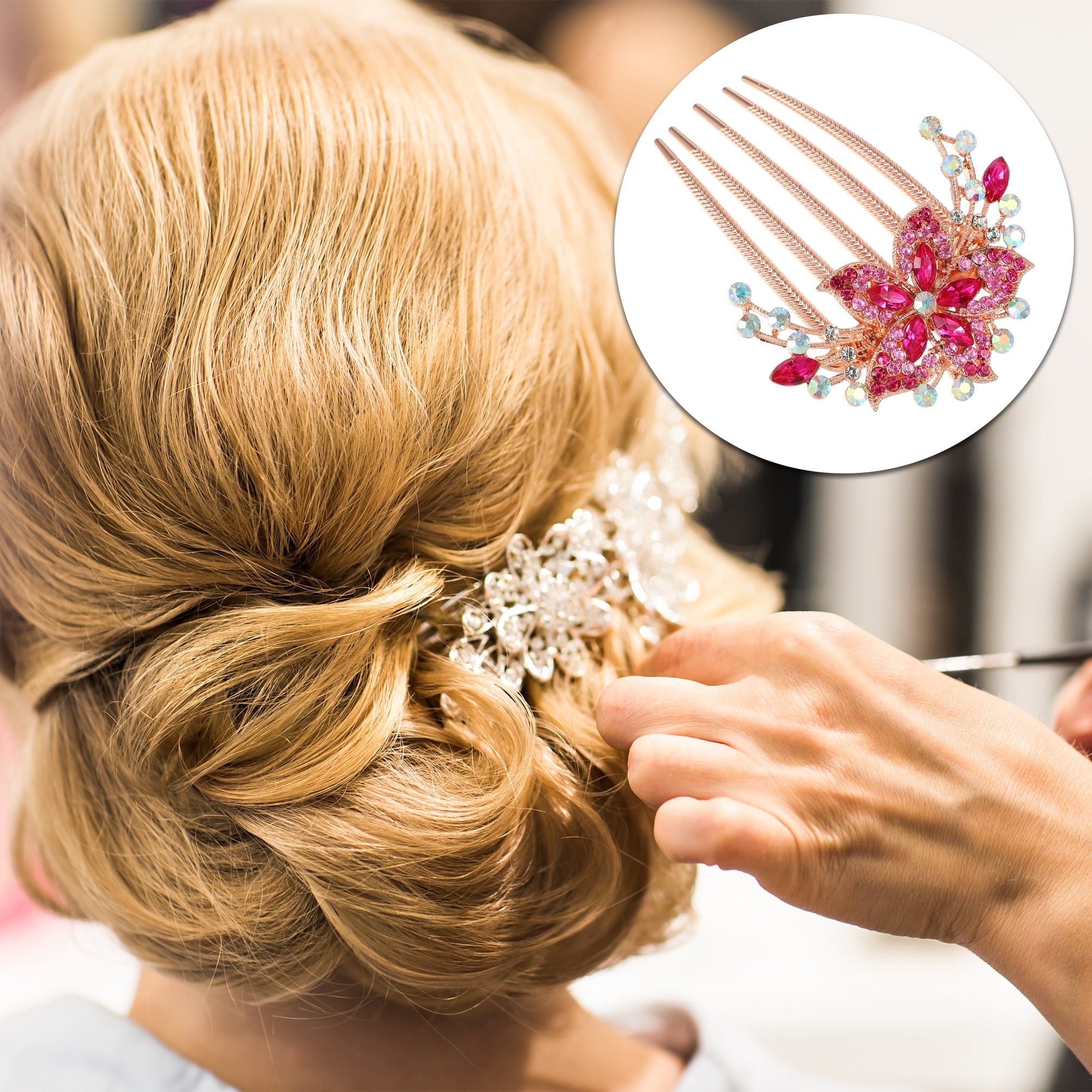 Unique Bargains Women Rhinestone Inlaid Flower Hair Comb 1Pc Rose Red