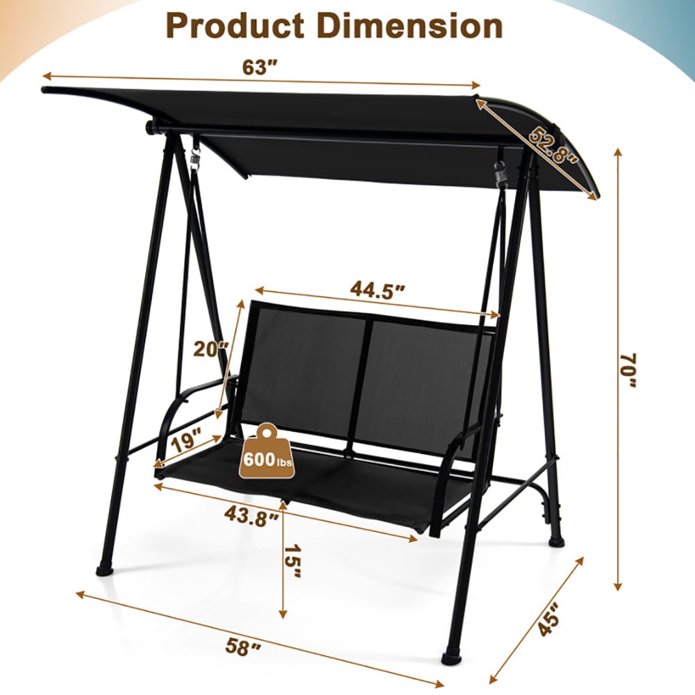 Aimee Lii 2-Seat Outdoor Canopy Swing with Comfortable Fabric Seat and Heavy-duty Metal Frame, Outdoor Swing for Adults, Black